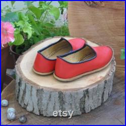 Red Color Handmade Leather Women's Shoes, Unisex Style Oxford Sandals, Boho Light Comfortable Flats, Retro Leather Shoes, Mothers Day Gift,