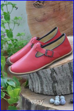 Red Color Unisex Buckle Model Shoe, Leather Handmade Sneaker, Sanah Loafer, Leather Turkish Slip On,Bridesmaid Gifts,Father's Day Gift,Boho