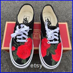 Red Roses Black White Vans Authentic Lace Up Shoes Custom Vans Shoes for Men and Women