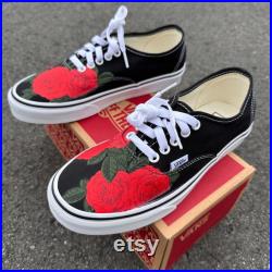 Red Roses Black White Vans Authentic Lace Up Shoes Custom Vans Shoes for Men and Women