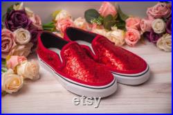 Red Sequin, Slip Ons, Red Sneakers, Bride Shoes, Bridesmaid Shoes, Gifts For Her, Wedding Shoes