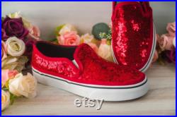 Red Sequin Slip Ons Sneakers, Prom Shoes for Women, Slip On Sneakers, Prom Red Sneakers, Bride Shoes, Bridesmaid Shoes, Gifts For Her