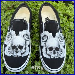 Skull and Rose Vans Slip On Shoes