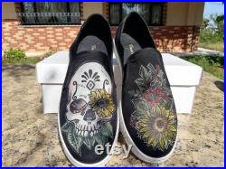 Skull n Sun Flower Slip-Ons Sneakers Black, Custom Design, Handmade, Hand Painted Sneaker Shoes For Women and Men