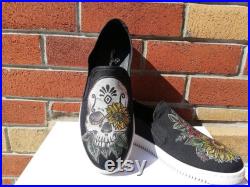 Skull n Sun Flower Slip-Ons Sneakers Black, Custom Design, Handmade, Hand Painted Sneaker Shoes For Women and Men