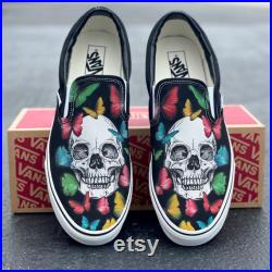 Skulls on Vans Slip On shoes with Butterflies Custom Shoes for Both Men and Women
