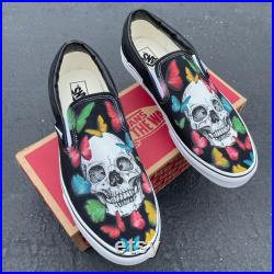 Skulls on Vans Slip On shoes with Butterflies Custom Shoes for Both Men and Women