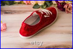 Sparkle Sneakers Women, Red Sequin Slip On Sneakers, Custom Shoes for Women, Ruby Red Halloween Shoes, Red Slip On Canvas Shoes