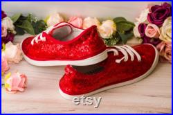 Sparkle Sneakers Women, Red Sequin Slip On Sneakers, Custom Shoes for Women, Ruby Red Halloween Shoes, Red Slip On Canvas Shoes