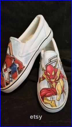 Spiderman and the Iron Spider hand drawn shoes, Custom Shoes, one of a kind