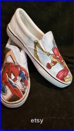 Spiderman and the Iron Spider hand drawn shoes, Custom Shoes, one of a kind