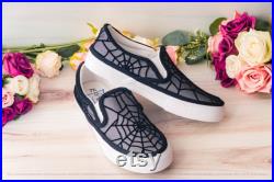 Spooky Black Spiderweb Lace Patterned Slip On Sneakers, Gothic Lace Slip On Sneakers, Spooky Halloween Sneakers, Costume Shoes for Women