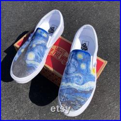 Starry Night Vincent Van Gogh Modern Art Oil Painting Custom White Slip On Vans Shoe