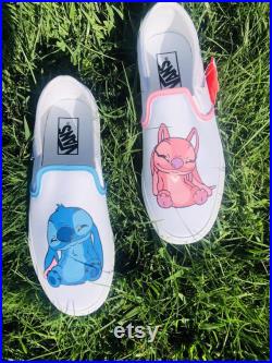 Stitch and Angel Hand- Painted Vans Stitch Angel Couple Shoes Pink and Blue Best friend shoes Gift Ideas Hand-Painted Custom Order
