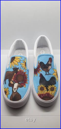 Sunflower Goats and Chickens Custom Handpainted Vans, Adult Slip On Shoes