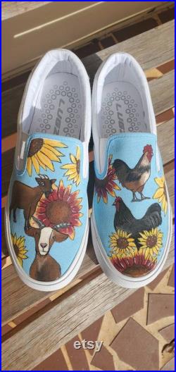 Sunflower Goats and Chickens Custom Handpainted Vans, Adult Slip On Shoes