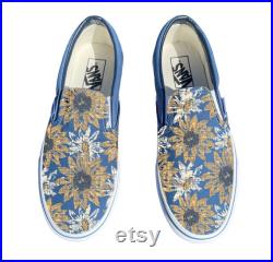 Sunflowers and Daisy Flowers on Navy Slip On Vans Shoes Men's and Women's Custom Vans Sneakers