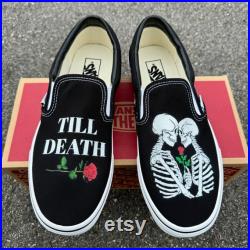 Till Death Kissing Skeletons Wedding Vans Slip On Shoes Men's and Women's Custom Vans Sneakers