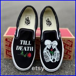 Till Death Kissing Skeletons Wedding Vans Slip On Shoes Men's and Women's Custom Vans Sneakers