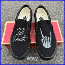 Till Death Wedding Vans Black on Black Slip On Shoes Men's and Women's Custom Vans Sneakers
