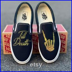 Till Death Wedding Vans Slip On Shoes Gold Rocker Hand Men's and Women's Custom Vans Sneakers