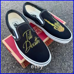 Till Death Wedding Vans Slip On Shoes Gold Rocker Hand Men's and Women's Custom Vans Sneakers