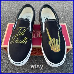 Till Death Wedding Vans Slip On Shoes Gold Rocker Hand Men's and Women's Custom Vans Sneakers