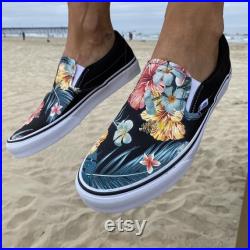 Tropical Floral Pattern on Black Vans Slip On Shoes Men's and Women's Custom Vans Sneakers