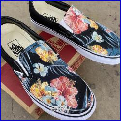 Tropical Floral Pattern on Black Vans Slip On Shoes Men's and Women's Custom Vans Sneakers