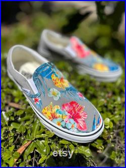 Tropical Floral Pattern on Gray Vans Slip On Shoes Men's and Women's Custom Vans Sneakers