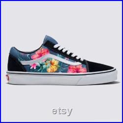 Tropical Floral Pattern on Navy Old Skool Vans Sneakers Men's and Women's Custom Vans Shoes
