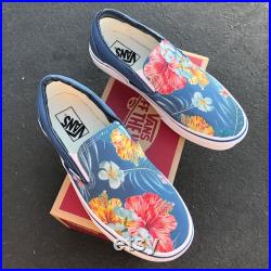 Tropical Floral Pattern on Navy Vans Slip On Shoes Men's and Women's Custom Vans Sneakers