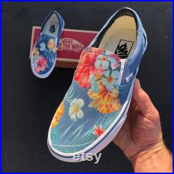Tropical Floral Pattern on Navy Vans Slip On Shoes Men's and Women's Custom Vans Sneakers
