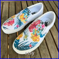 Tropical Floral Pattern on White Vans Slip On Shoes Men's and Women's Custom Vans Sneakers