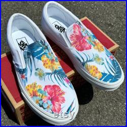 Tropical Floral Pattern on White Vans Slip On Shoes Men's and Women's Custom Vans Sneakers