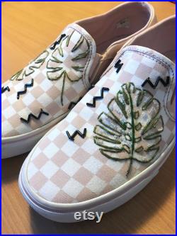 Tropical Monstera Hand Embroidered and Beaded Pink White Check Slip On Vans Size UK 7, Eu 40