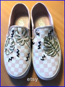 Tropical Monstera Hand Embroidered and Beaded Pink White Check Slip On Vans Size UK 7, Eu 40