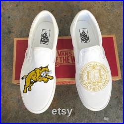 UC Merced Gold Bobcat Custom Vans White Slip On Shoes UCM Bobcat University California Graduation High School College Gifts for Grads