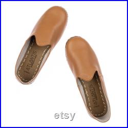 Unisex Light Brown Color Leather Slip Ons, Turkish Yemeni Shoes, Handmade Leather Loafers, Flat Men Shoes, Gift for Him, Fathers Day Gift