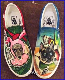 Vans Custom Painted Pet Portrait Slip on Shoes, Handpainted Dog and Cat, Christmas Story, Salvador Dali Theme, will customize theme for you