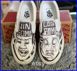 Vans Shoes Custom Personalized Smile Now Cry Later theatrical drawing of frown faces Good Times and Bad Times