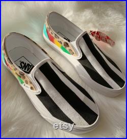 Vans slip ons Just a girl custom painted black and white stripe leopard rasta ombre teal gwen stefani inspired no doubt