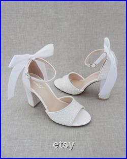 White Rock Glitter Block Heel Sandals with SATIN BACK BOW Women Wedding Shoes, Bridesmaids Shoes, Bridal Shoes, Holiday Shoes