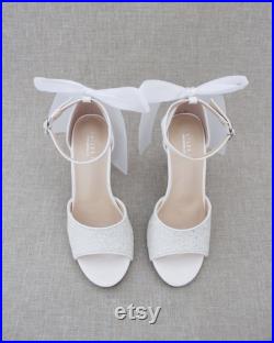 White Rock Glitter Block Heel Sandals with SATIN BACK BOW Women Wedding Shoes, Bridesmaids Shoes, Bridal Shoes, Holiday Shoes