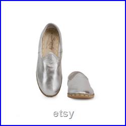 Women Silver Color Turkish Leather Sanah Slip on, Handmade Leather Loafer, Leather Flat Shoes, Gift For Men, Bespoky