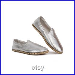 Women Silver Color Turkish Leather Sanah Slip on, Handmade Leather Loafer, Leather Flat Shoes, Gift For Men, Bespoky