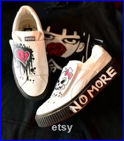 leather Gothic Emo Custom painted sneakers skull andheart
