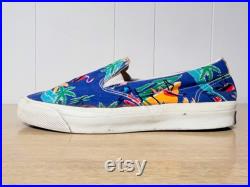 size 8 1 2 1980s Converse slip-on sneakers blue, yellow, green red TROPICAL print vintage canvas sk8ter shoes, chucks, made in Korea