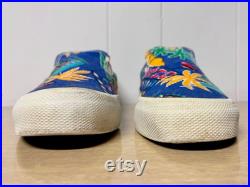 size 8 1 2 1980s Converse slip-on sneakers blue, yellow, green red TROPICAL print vintage canvas sk8ter shoes, chucks, made in Korea